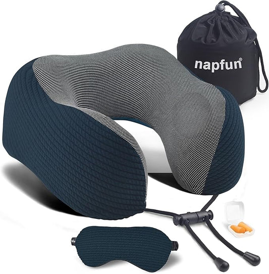 napfun Neck Pillow for Traveling, Upgraded Travel Neck Pillow for Airplane 100% Pure Memory Foam Travel Pillow for Flight Headrest Sleep, Portable Plane Accessories, Luxury Sets (Optional), Deep Blue