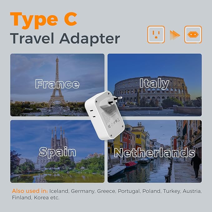TESSAN European Travel Plug Adapter 2 Pack, PD 20W Adapter for Europe Plug with 4 AC Outlets 4 USB (2 USB C), Type C Adaptor for US to Europe, Italy, Spain, France, Portugal, Greece, Iceland, Germany