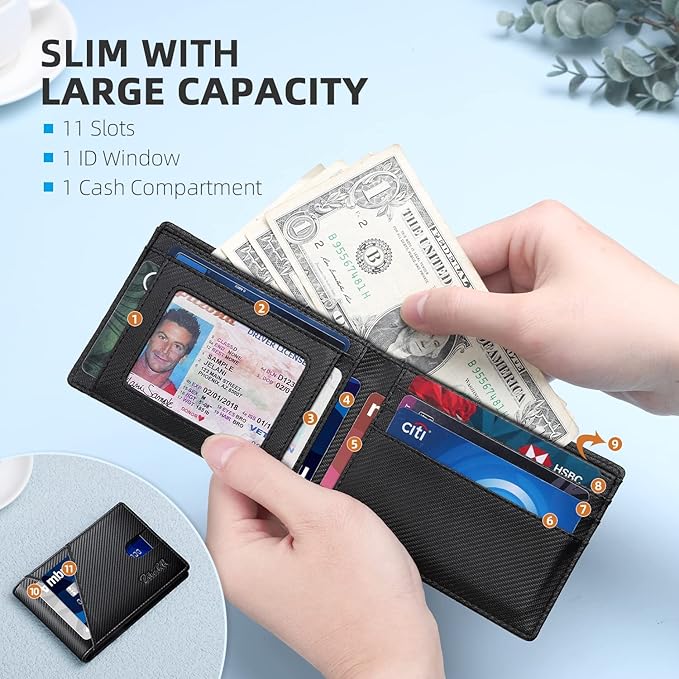 Zitahli Wallet for Men Slim 11 Credit Card Holder RFID Blocking Small Men's Wallet Bifold Minimalist Front Pocket With Mens Gifts Box