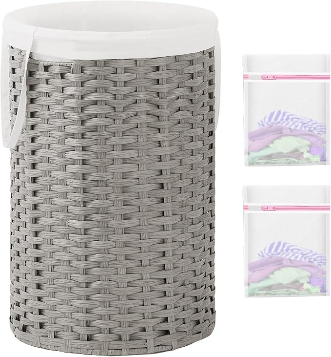 34.3 Gal (130 L) Large Laundry Hamper Laundry Basket Round Handwoven Wicker Laundry Baskets Rattan Laundry Basket with Removable Bag Handles 2 Mesh Bags for Living Room Bedroom Gray