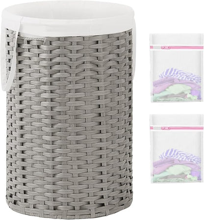 34.3 Gal (130 L) Large Laundry Hamper Laundry Basket Round Handwoven Wicker Laundry Baskets Rattan Laundry Basket with Removable Bag Handles 2 Mesh Bags for Living Room Bedroom Gray
