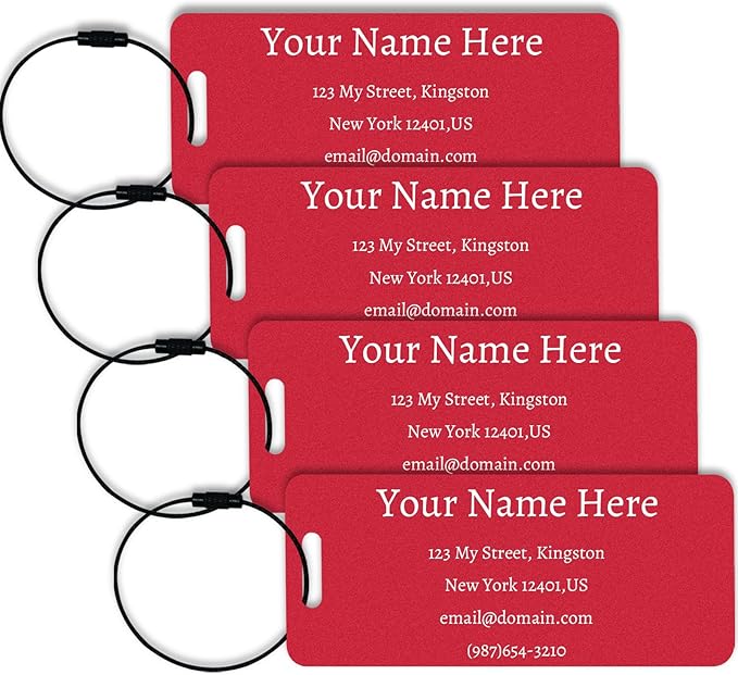 Luggage Tags for suitcases Tags Pack of 4 Personalized Luggage Tags Double Sided Laser Engraving Metal Luggage Tag and Stainless Loops Customizable Luggage Tag Cruise Luggage tag (Red, Small)