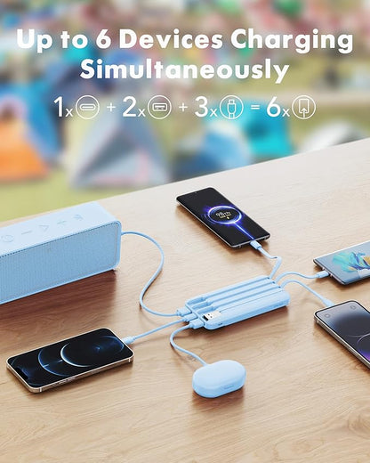 Charmast Portable Charger with Built in Cables, Power Bank with Cords Wires, Slim 10000mAh Travel Battery Pack 6 Outputs 3 Inputs 3A Fast Charging for Samsung Google Pixel LG Moto iPhone iPad