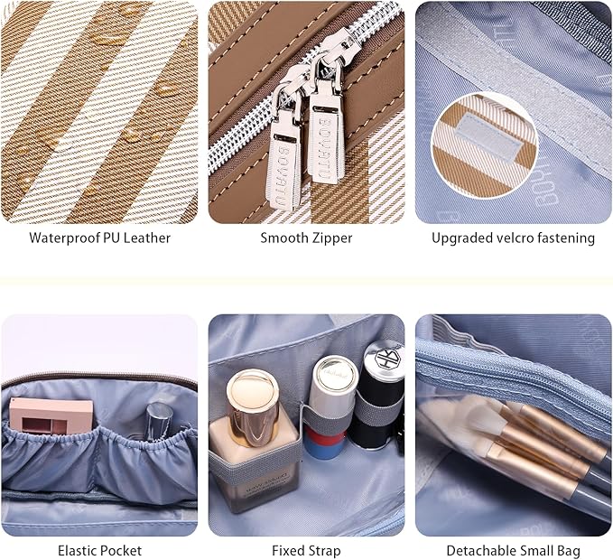 BOYATU Travel Makeup Bag for Women: Large Cosmetic Bag Set of 3 - PU Leather Make up Bag with Compartments - Compact Waterproof Toiletry Bag with Divider & Handle (B-5-Brown)