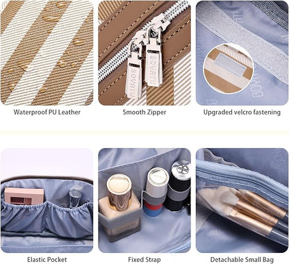 BOYATU Travel Makeup Bag for Women: Large Cosmetic Bag Set of 3 - PU Leather Make up Bag with Compartments - Compact Waterproof Toiletry Bag with Divider & Handle (B-5-Brown)