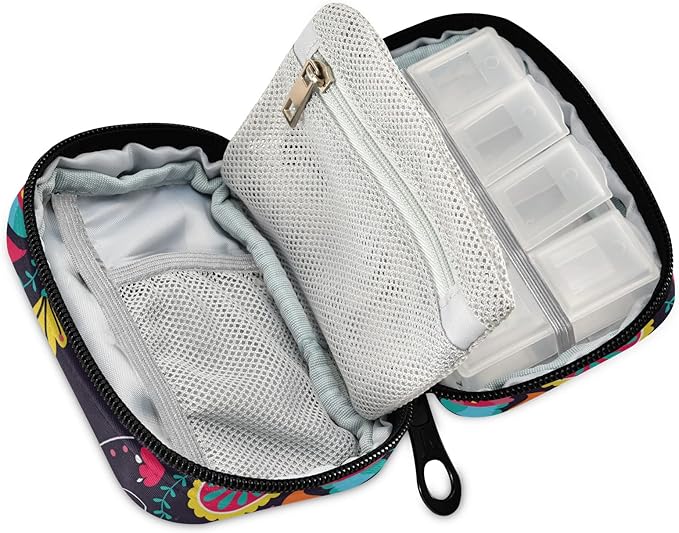 Travel Pill Organizer Weekly Small Cute Pill Box 7 Day Pill Case Vitamin Holder Pill Bottle Organizer (Black Floral Heart)