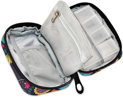 Travel Pill Organizer Weekly Small Cute Pill Box 7 Day Pill Case Vitamin Holder Pill Bottle Organizer (Black Floral Heart)