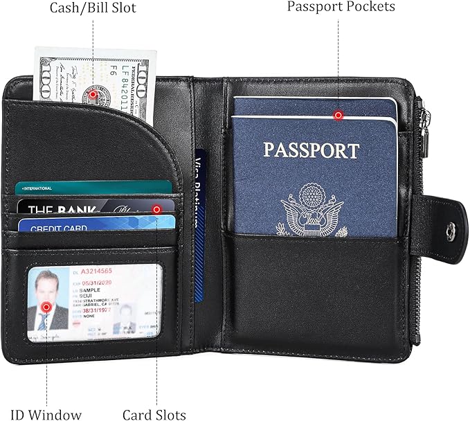 Polare Napa Leather Travel Passport Holder with YKK Zipper Pocket Snap Passports Cover RFID Blocking Passport Wallet Holders 2 Passports (Black with Zipper Pocket)