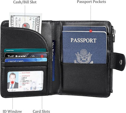Polare Napa Leather Travel Passport Holder with YKK Zipper Pocket Snap Passports Cover RFID Blocking Passport Wallet Holders 2 Passports (Black with Zipper Pocket)