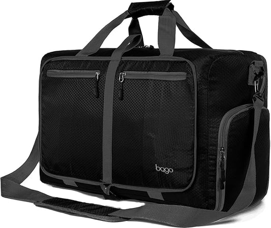 Bago Foldable Duffel Bags for Traveling Women & Men - 60L Medium Packable Duffle Bag for Travel with Shoe Compartment - Water Repellant, Heavy Duty, Lightweight Folding & Collapsible (All Black)