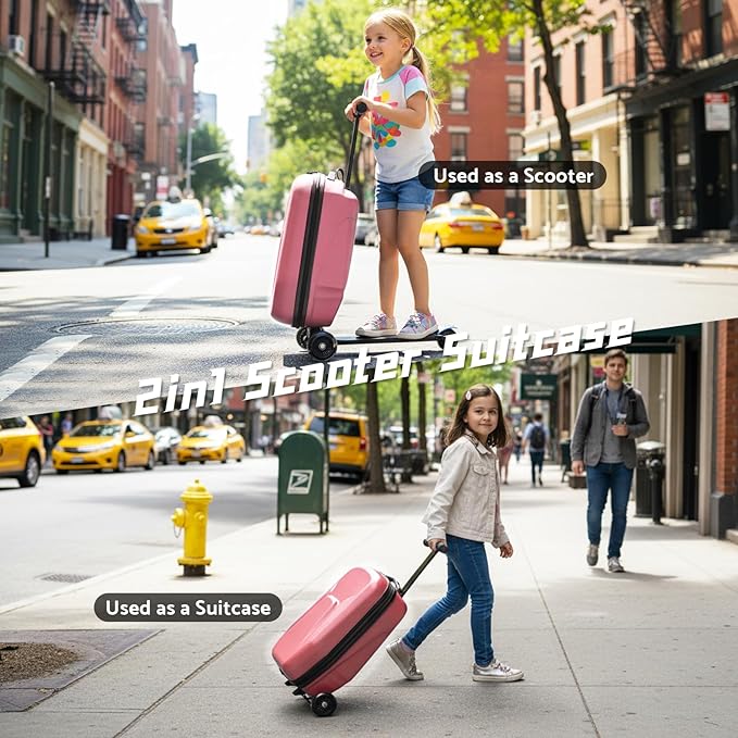 20" Hardshell Scooter Suitcase for Kid & Adult Foldable 2 in 1 Ride on Carry on Travel Trolley Scooter Luggage With Wheels