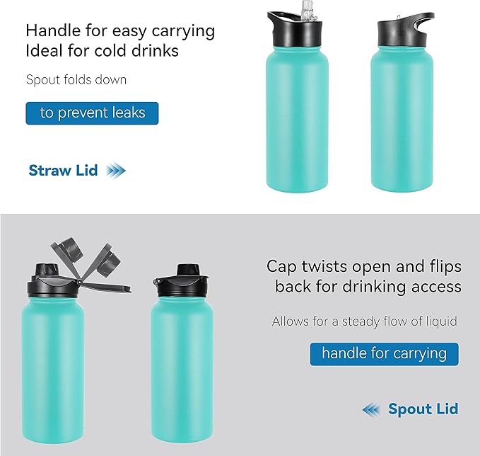 VEGOND 32 oz Insulated Water Bottle Bulk Stainless Steel Metal Water Bottles with Leak Proof Straw Lid & Spout Lid, Wide Mouth Double Walled Vacuum Travel Sports Bottle, 4 Pack