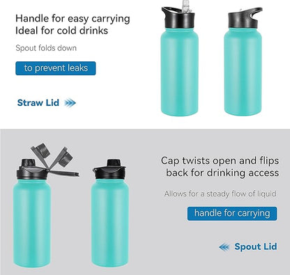 VEGOND 32 oz Insulated Water Bottle Bulk Stainless Steel Metal Water Bottles with Leak Proof Straw Lid & Spout Lid, Wide Mouth Double Walled Vacuum Travel Sports Bottle, 4 Pack