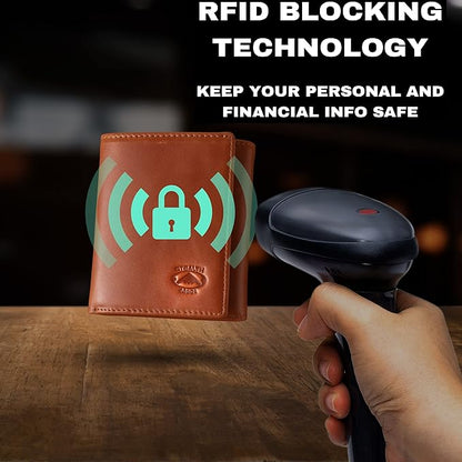 Stealth Mode Leather Trifold RFID Wallet For Men With Flip Out ID Holder (Light Brown)