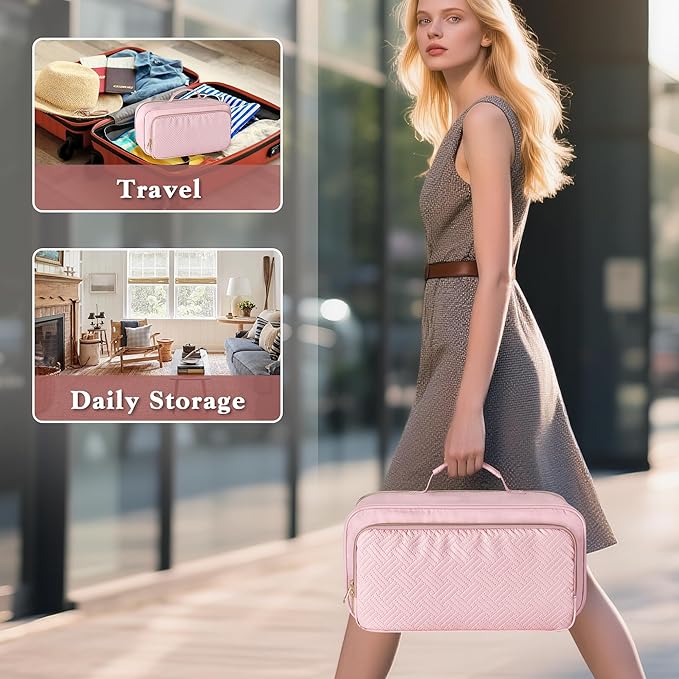 Fasrom Travel Makeup Bag for Women, Large Capacity Cosmetic & Toiletry Organizer Case, Make Up Storage Bags with Handle, Portable Pouch for Travel Essentials, Pink (Empty Bag Only)