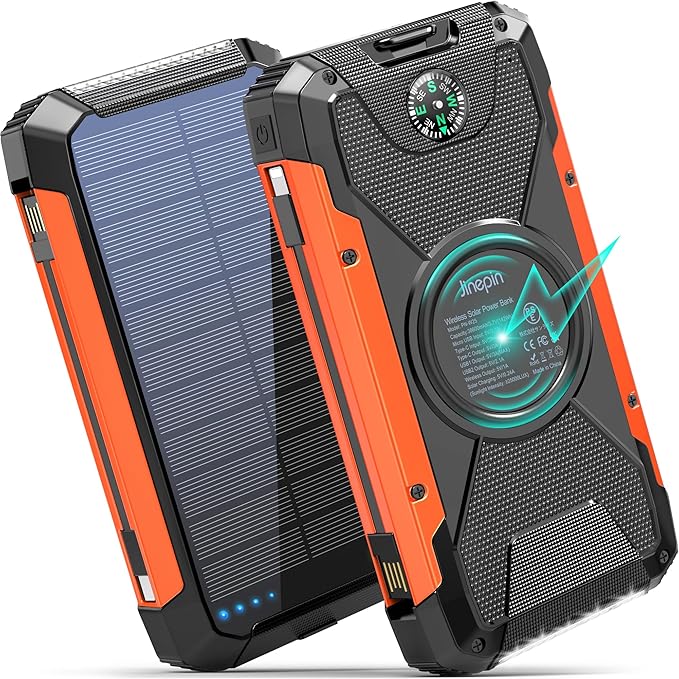 Solar Charger Power Bank -38600mAh Solar Phone Charger Built in 3 Cables Waterproof Outdoor External Battery Pack with 4 Outputs 2 Inputs USB C 15 W Powerbank with Camping Light Compass