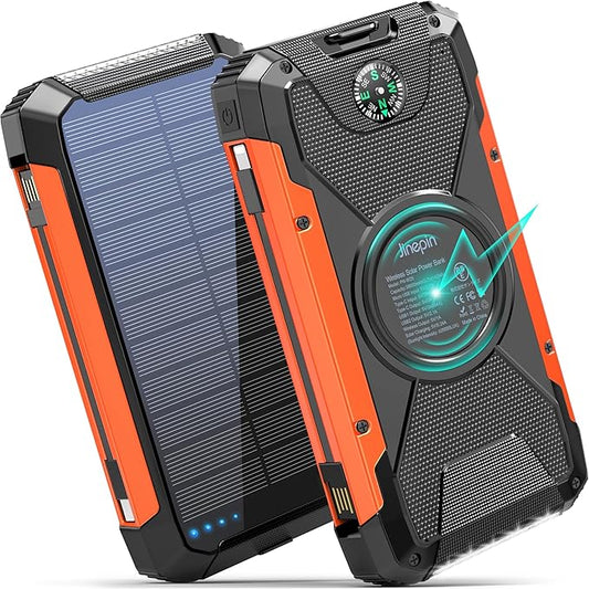 Solar Charger Power Bank -38600mAh Solar Phone Charger Built in 3 Cables Waterproof Outdoor External Battery Pack with 4 Outputs 2 Inputs USB C 15 W Powerbank with Camping Light Compass