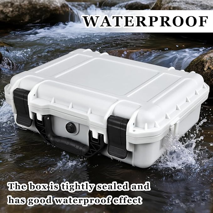 1 Pcs 14.3 x 11.4 x 4.5 Inch Waterproof Hard Case with DIY Customizable Foam Insert Portable Protective Case with Knife for Camera Drones Equipments Tools Test Instruments (White)