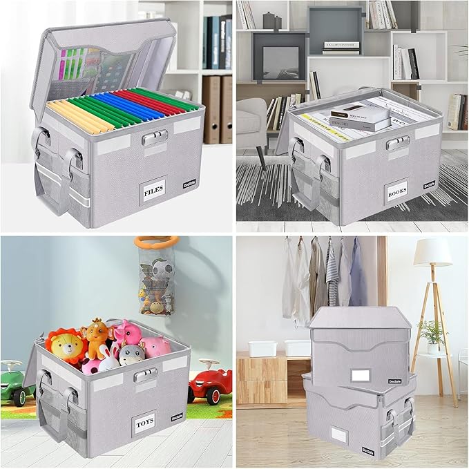 DocSafe Fireproof Document Box with Lock,File Storage Organizer with Zipper Pockets,Collapsible Portable File Box Home Office Safe Filing Cabinet with Handle for Hanging Letter/Legal Folder,Silver