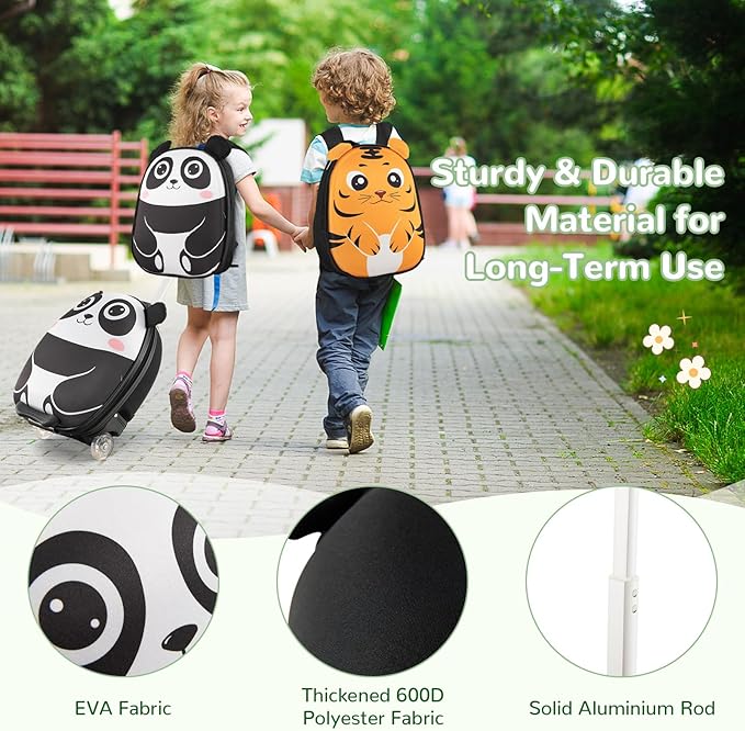 HONEY JOY Kids Luggage, 12” Children Hardshell Backpack & 16” Toddler Travel Rolling Suitcase, 2 Pcs Lightweight Carry On Luggage Set, Kids Luggage with Wheels for Girls & Boys(Black Panda)