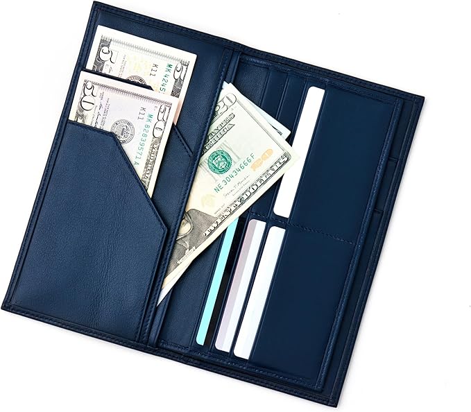 Passport Holder Travel Wallet for Men & Women, RFID Handcrafted Full Grain Leather Cover, 12 Card Slots & 4 Compartments, Gift Box & Pouch, Navy Blue