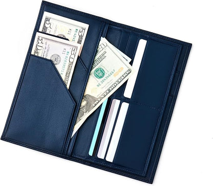 Passport Holder Travel Wallet for Men & Women, RFID Handcrafted Full Grain Leather Cover, 12 Card Slots & 4 Compartments, Gift Box & Pouch, Navy Blue