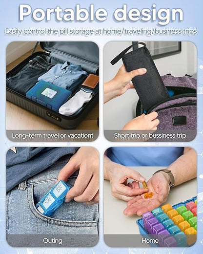 Monthly Pill Organizer 3 Times a Day, FRIWOLE Medicine Box with Portable Weekly Pill Bag, Keychain Pill Case, Pill Cutter and 2 Sticker (Blue, 3 Times a Day)