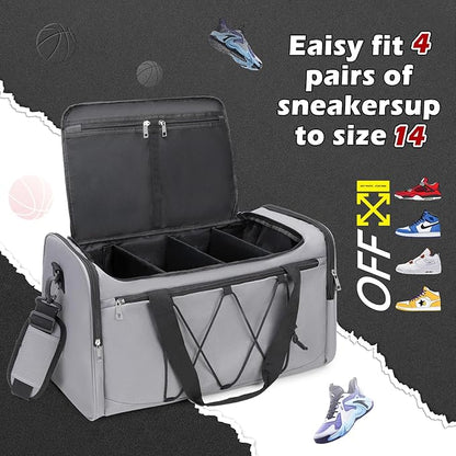 Sneaker Bag for Travel, Outdoor Sports Gym Bag Shoe Bag for 4 Pairs of Sneakers up to Size 14, Travel Duffel Bag with 3 Adjustable Dividers & Shoulder Strap, Sneakerhead Gift