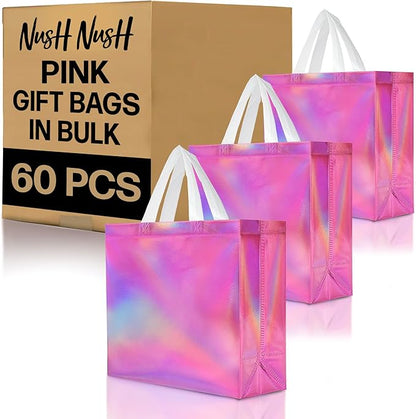 Nush Nush Large Pink Iridescent Gift Bags Bulk – Set of 60 Holographic Pink Gift Bag With Handles - For Small Business, Birthday, Christmas, Goodie, Gifting, Party Favors - 13 "x 5" x 11" Size