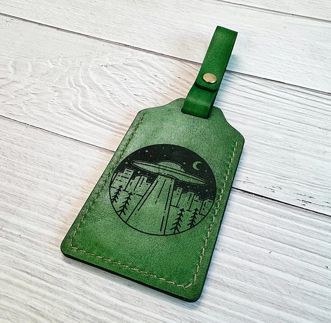 Mayan Corner - Leather Handmade Luggage Tag with UFO Alien Design, Green, ID Window, Brass Hardware