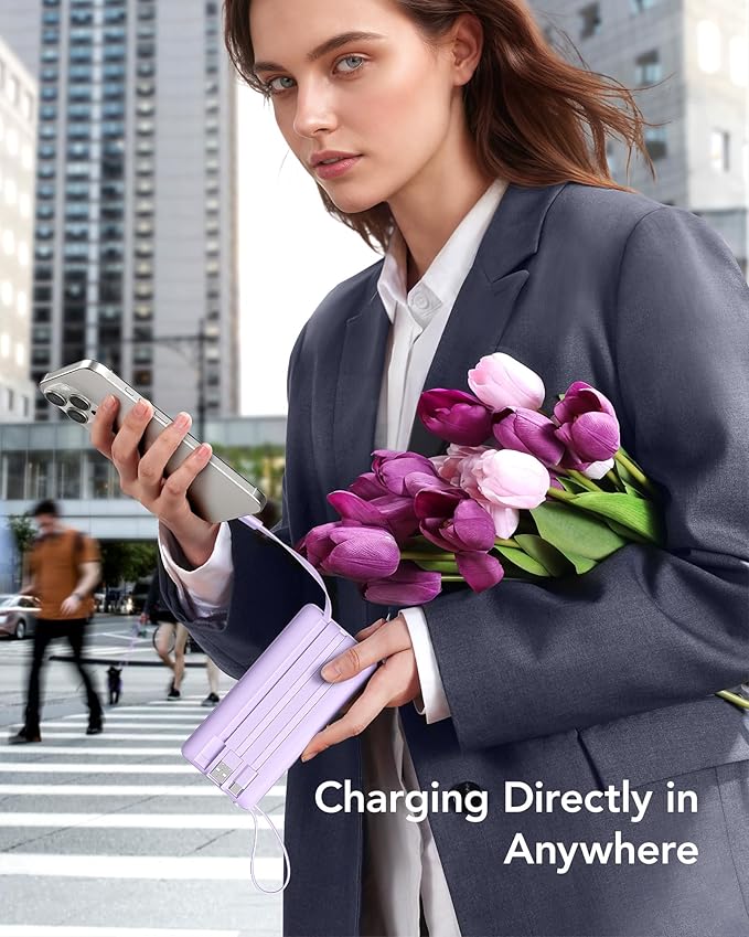 VRURC Portable Charger Power Bank, 10000mAh Travel Essentials Battery Pack, 5 Outputs 2 Inputs Slim Charging Bank Built-in Cables Cords for iPhone 17 16 15 14 13,Samsung,Android-Lavender(1 Pack)