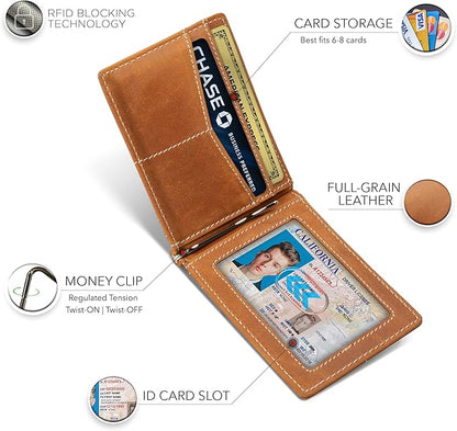 SERMAN BRANDS AirTag Wallet - RFID Blocking Mens Minimalist Money Clip Wallet for Airtag - Full Grain Leather Slim Bifold Front Pocket for Air Tag Wallets for Men. Gift (CA Desert Air)