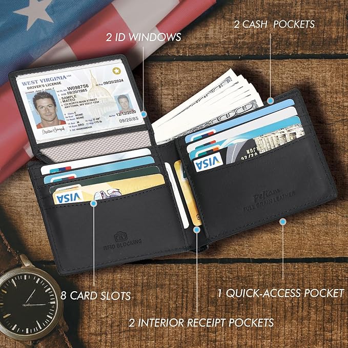 Full Grain Leather Wallet for Men, RFID Blocking, Mens Wallet Bifold with 2 ID Windows, Billfold with 13 Card Slots, Leather Gift for Men, American Flag Wallet Black