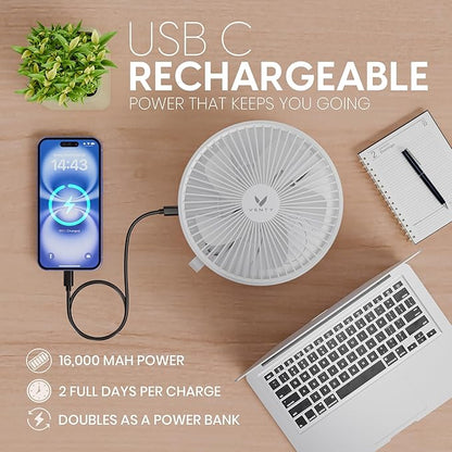 VENTY Portable Fan - Wireless Battery Operated Fan - 4 Speeds - LED Lighting - Carry Case & Remote Control - Cruise Travel - Outdoor Travel RV Power Bank With USB-C Port (White with Case)