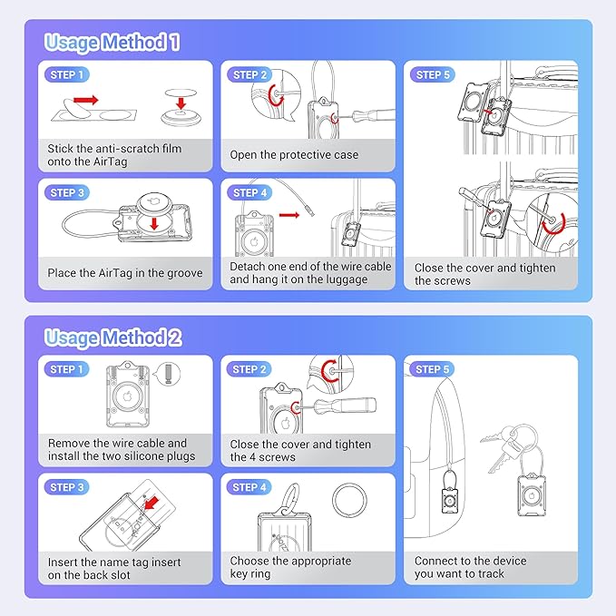 PROfezzion Luggage Tag AirTag Holder with Name ID Cards, Luggage Name Tag with Wire Cable Key Rings for Luggage Bag Travel Suitcase Backpack, Scratch Resistant AirTag Case for Travelling