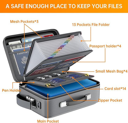 DocSafe Fireproof Document Box with Lock＆Shoulder Strap,Hard Case File Organizer with Accordion File Folder,Multi-Layer Portable Home Office Travel Safe Storage for Important Documents Laptop Gray