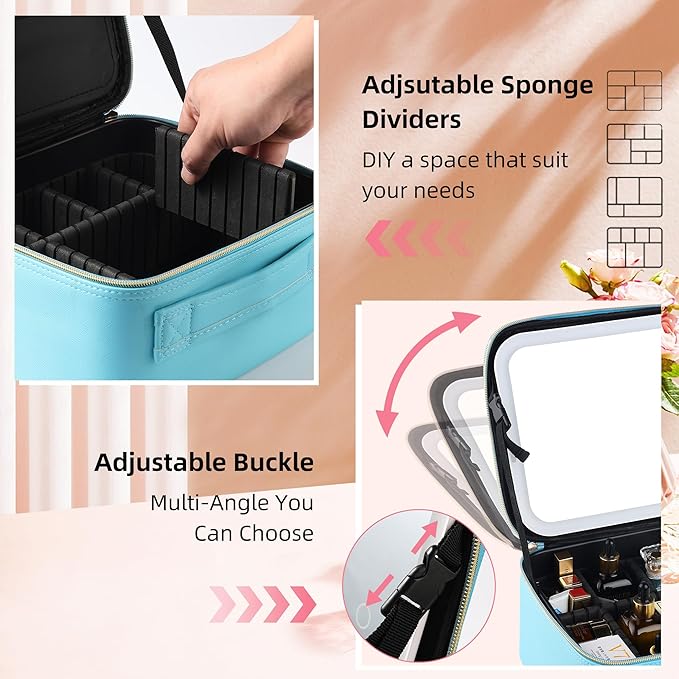 Travel Makeup Bag with LED Mirror – Waterproof Cosmetic Train Case with Adjustable Dividers, Portable Makeup Organizer and Toiletry Bag for Women, Teens & Girls Gift, Blue