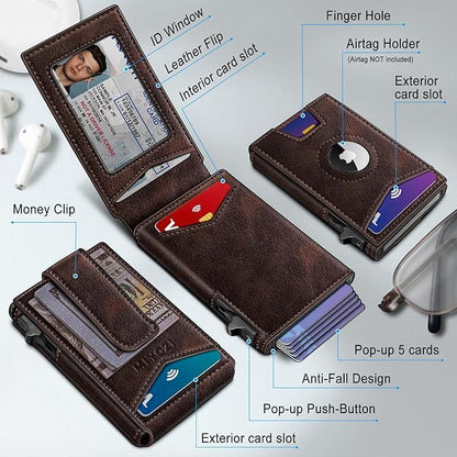 Airtag Wallet for Men,with Money Clip Gift Boxed,Slim Front Pocket Wallet RFID Blocking Metal Case Smart Pop-up Credit Card Holder in Magnetic Leather Flip