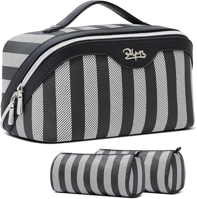 BOYATU Travel Makeup Bag for Women: Large Cosmetic Bag Set of 3 - PU Leather Make up Bag with Compartments - Compact Waterproof Toiletry Bag with Divider & Handle (B-4-Black)