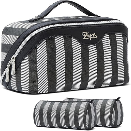 BOYATU Travel Makeup Bag for Women: Large Cosmetic Bag Set of 3 - PU Leather Make up Bag with Compartments - Compact Waterproof Toiletry Bag with Divider & Handle (B-4-Black)