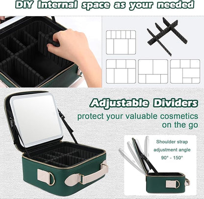 Travel Makeup Bag with Light Up Mirror, Portable Makeup Bag with Led Light Women Waterproof Makeup Travel Case adjustable dividers Rechargeable Vanity Mirror with 3 Color Lights (Green)