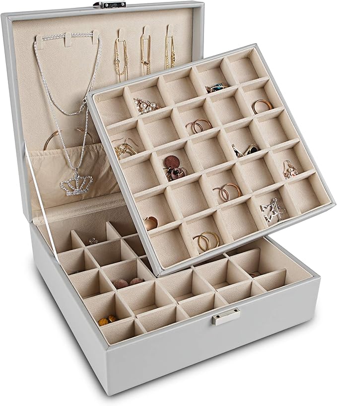 Frebeauty Earring Organizer Classic Jewelry Box 50 Slots Double Layer Jewelry Storage Case with 6 Necklace Hook and Bracelet Pocket(Grey)