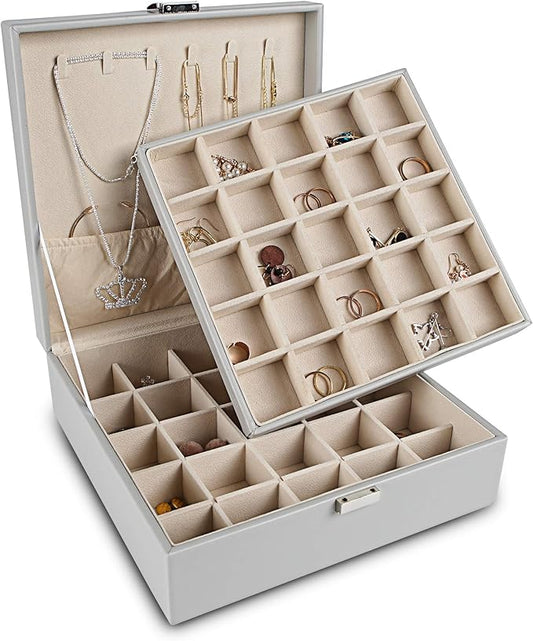 Frebeauty Earring Organizer Classic Jewelry Box 50 Slots Double Layer Jewelry Storage Case with 6 Necklace Hook and Bracelet Pocket(Grey)