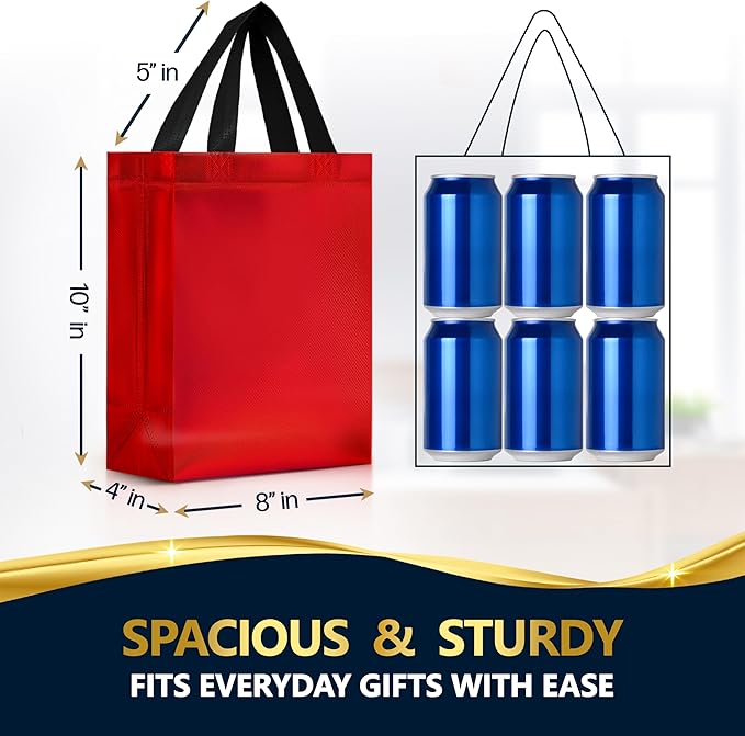 Nush Nush Shiny Red Gift Bags Bulk -Set of 60 Mediums Size, Bulk Gift Bags with Handles - Reusable Goodie Bag for Christmas Gifts, Halloween Treats, Birthday Presents, Small Business - 8Wx4Dx10H