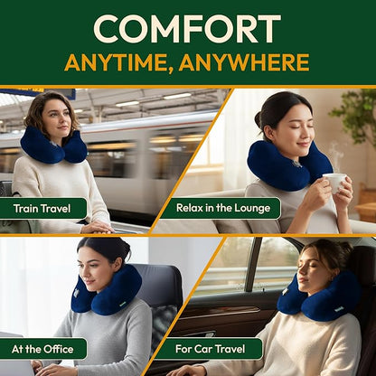 Adjustable Memory Foam Sides Inflatable Travel Neck Pillow | Super Soft, Compact & Portable Neck Support Pillow (Navy Blue, Standard)