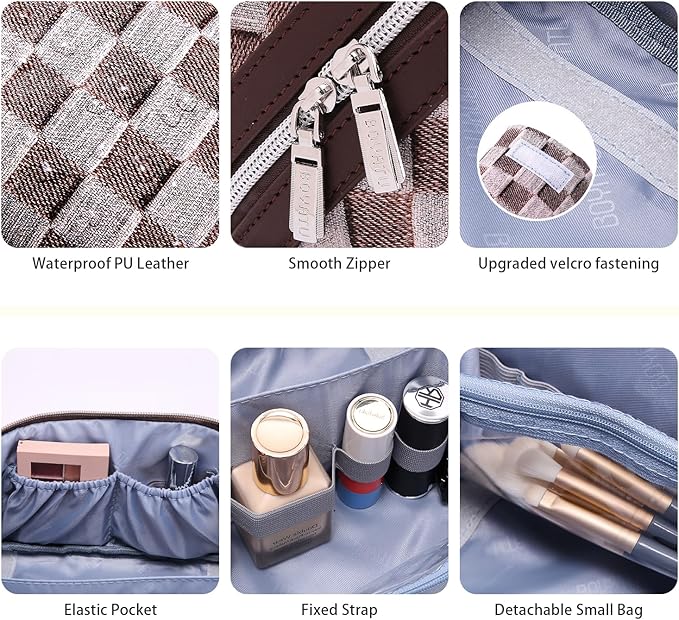 BOYATU Travel Makeup Bag for Women: Large Cosmetic Bag Set of 3 - PU Leather Make up Bag with Compartments - Compact Waterproof Toiletry Bag with Divider & Handle (D-3-Brown)
