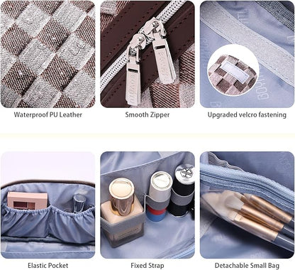 BOYATU Travel Makeup Bag for Women: Large Cosmetic Bag Set of 3 - PU Leather Make up Bag with Compartments - Compact Waterproof Toiletry Bag with Divider & Handle (D-3-Brown)