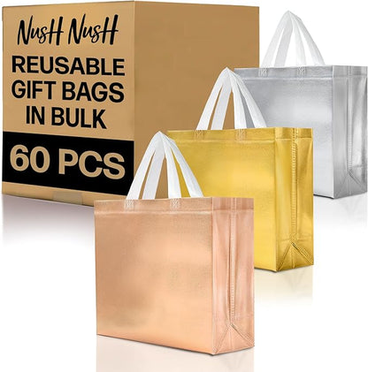 Nush Nush Mix Color Large Gift Bags Bulk - Set of 60 (20 of Each Color Rose Gold, Silver and Gold) Reusable Gift Bags With Handles - Ideal Goodie Bag for Christmas, Small Business, Events - 8X4X10