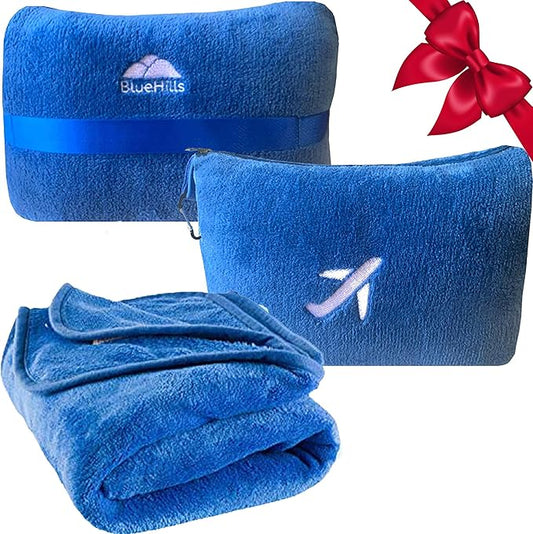 BlueHills Travel Blanket Pillow in Mini Soft Case Premium Plush Airplane Blanket in Soft Bag Compact Pack with Luggage Belt and Backpack Clip Car Portable Cozy Traveling Accessories - Royal Blue M07