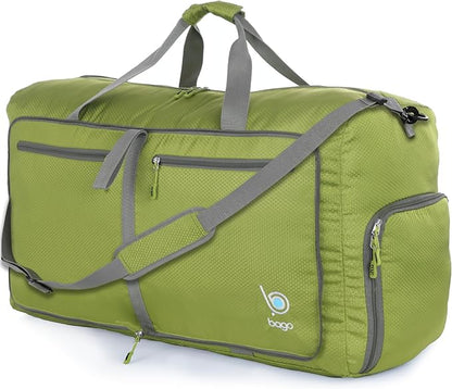 Bago Large Foldable Duffel Bags for Traveling Women & Men - 80L Packable Duffle Bag for Travel with Shoe Compartment - Water Repellant, Heavy Duty, Lightweight Folding & Collapsible (Green)